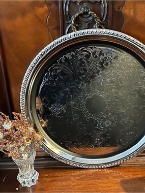 VTG Irvinware Chrome Plated 12.5 Inch Round Serving Tray Etched Design Made USA